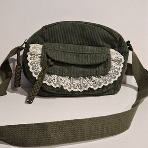 Olive Green Corduroy Crossbody Bag with Lace Trim